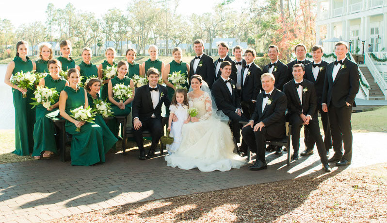 emerald green bridesmaid dresses with groomsmen Emerald Green Fall Wedding with Pops of Red Northern Virginia Barn Wedding Venue