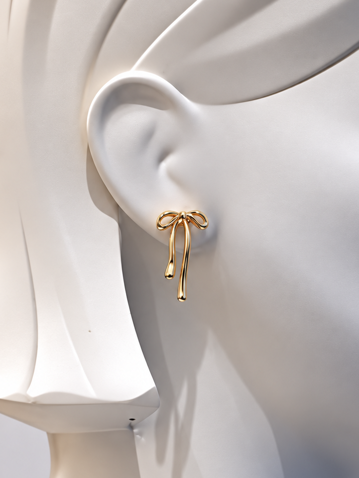 Gold Bow Narrow Wavy Earrings