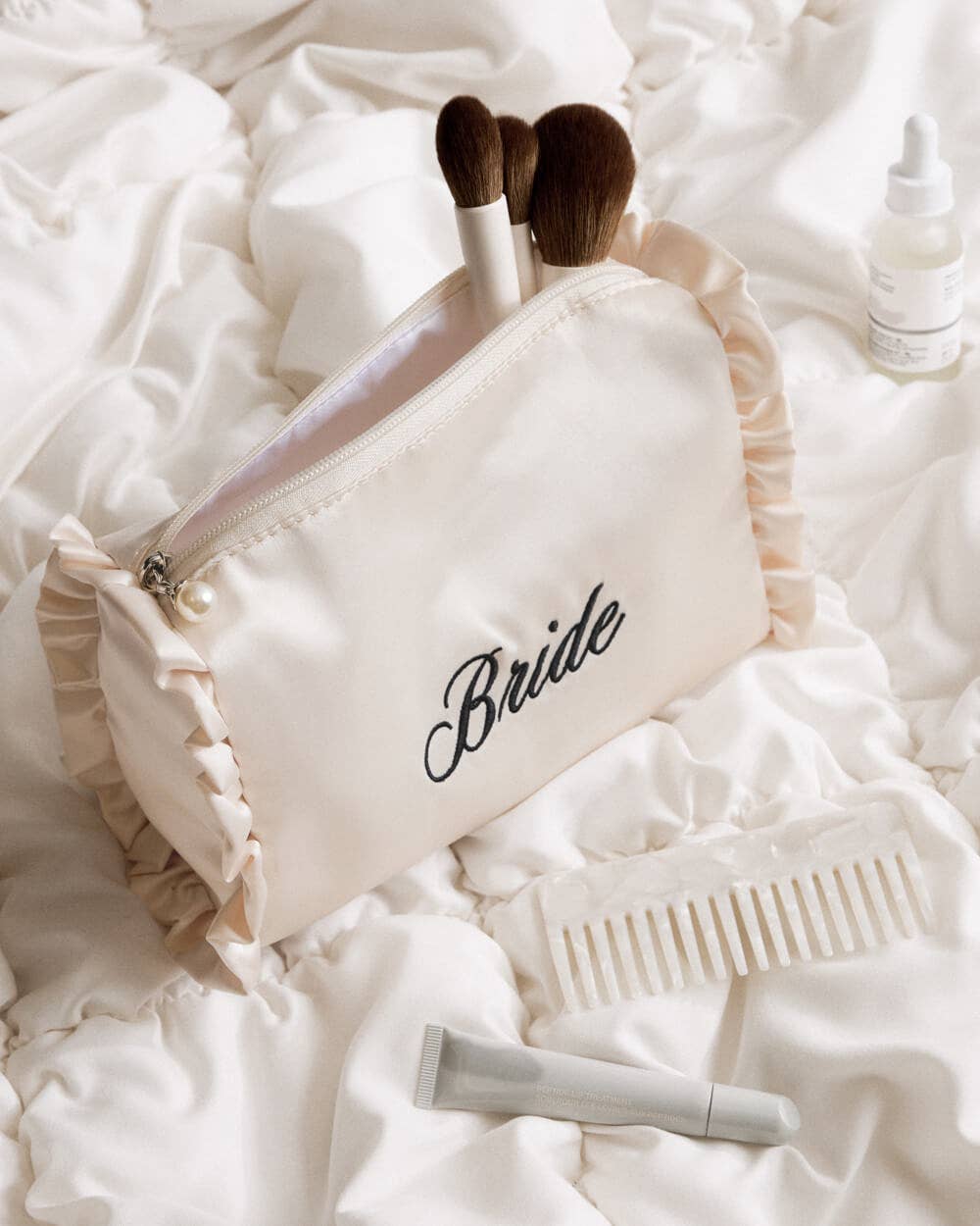Embroidered Bride Satin Cosmetic Bag