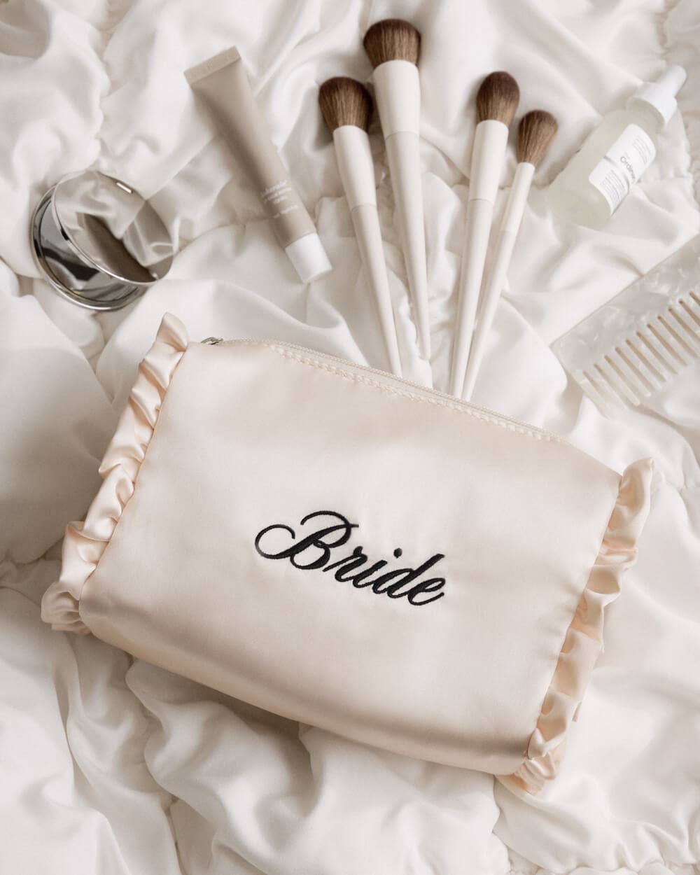 Embroidered Bride Satin Cosmetic Bag