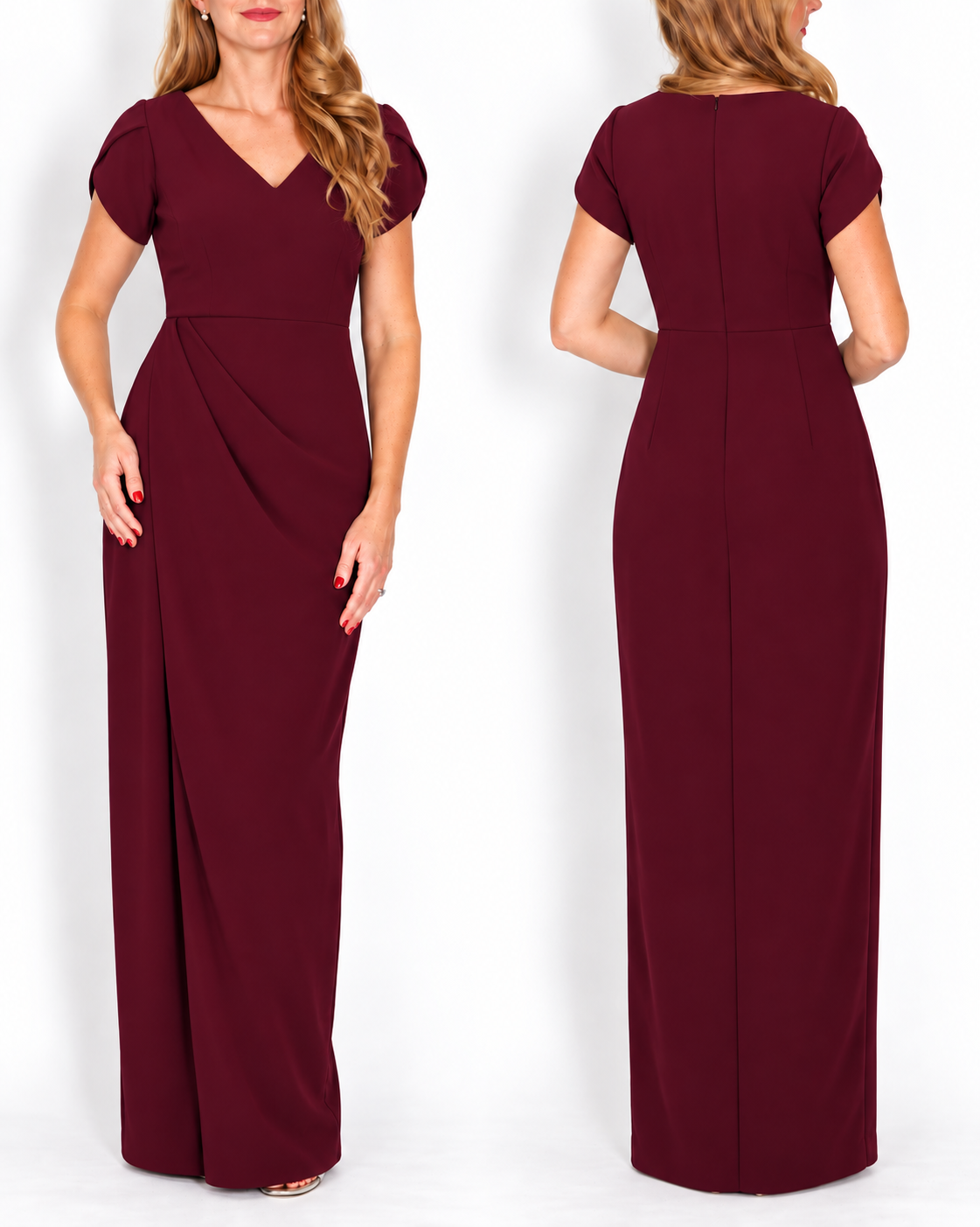 A woman modeling a floor-length burgundy dress from the front and back against a plain white studio background.