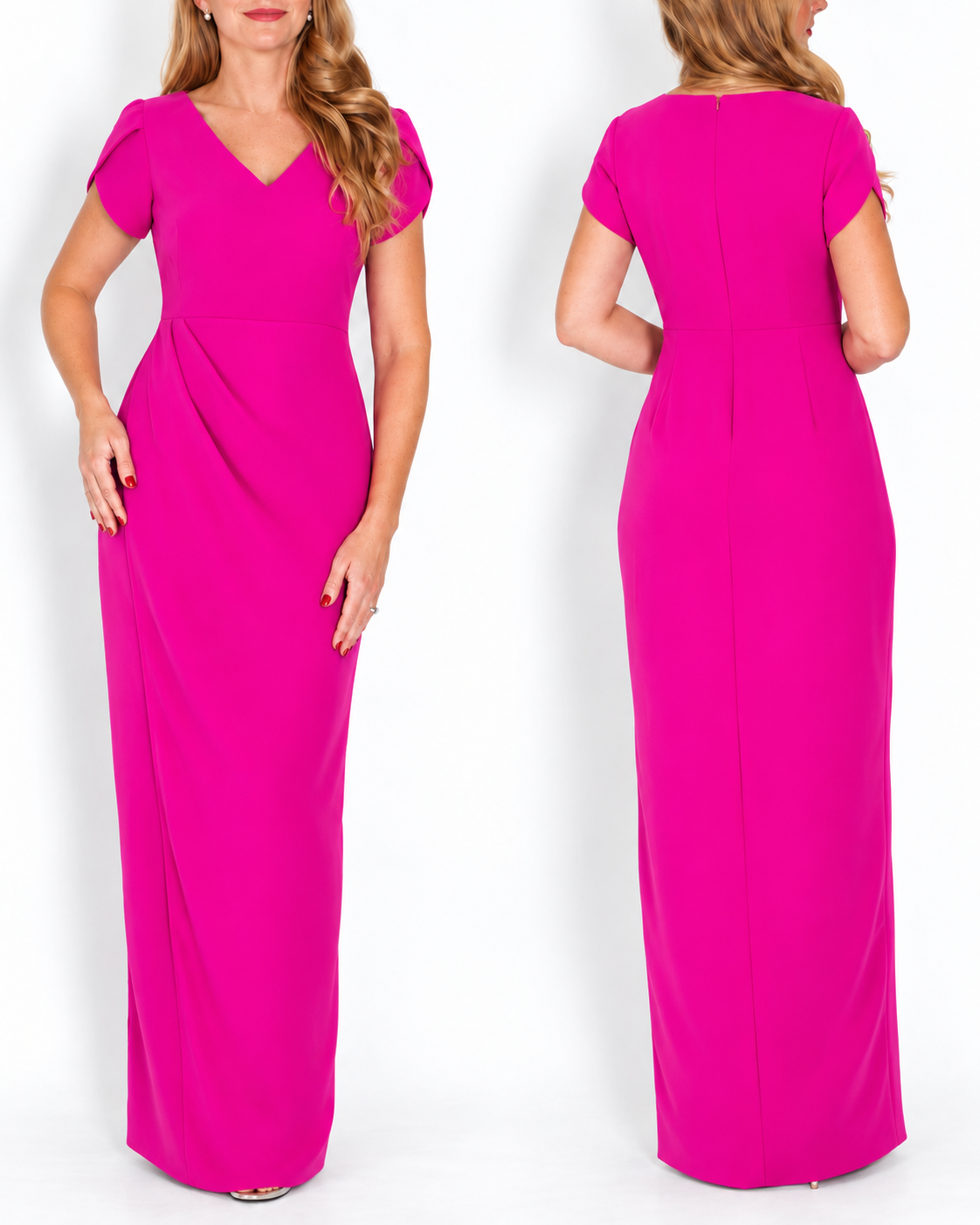 A woman modeling a bright pink floor-length dress from the front and back against a plain white studio background.