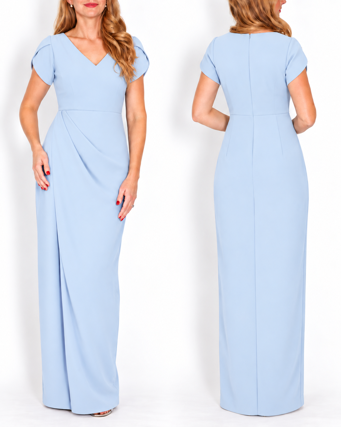 A woman modeling a light blue maxi dress from the front and back against a plain white studio background.