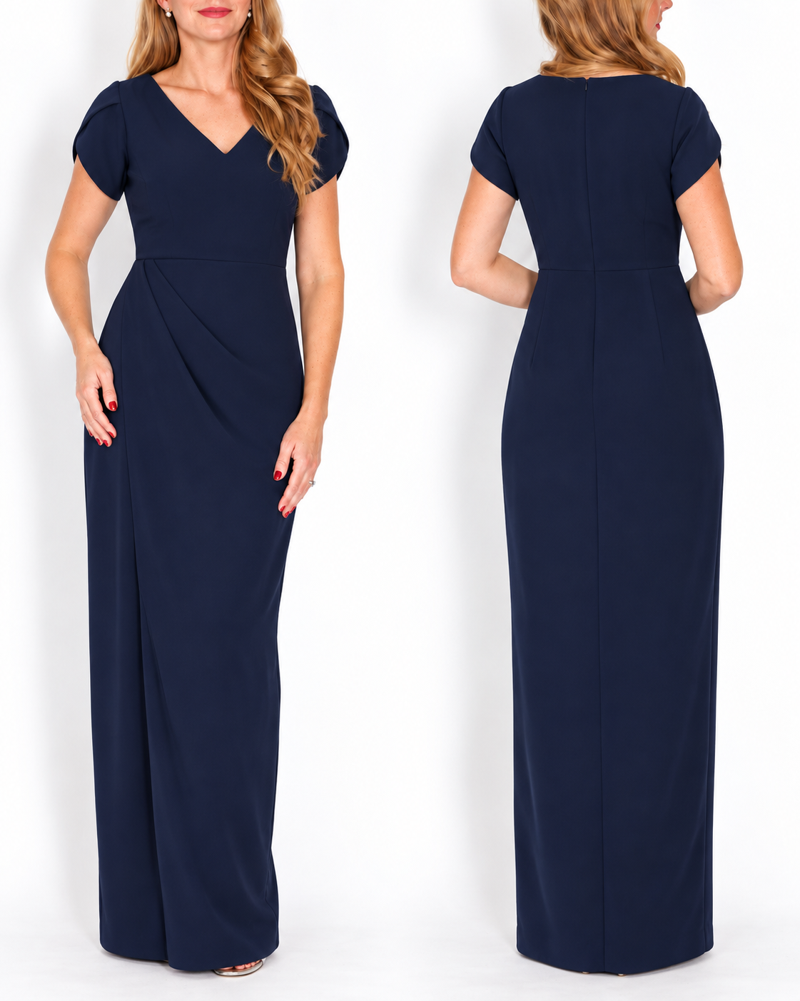 A woman modeling a navy blue maxi dress, shown from both the front and back views against a plain white studio background.
